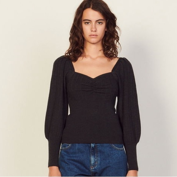 Sandro Paris Sweetheart Neck Wool Blend Cropped Knit Top Gray Medium - Picture 4 of 13